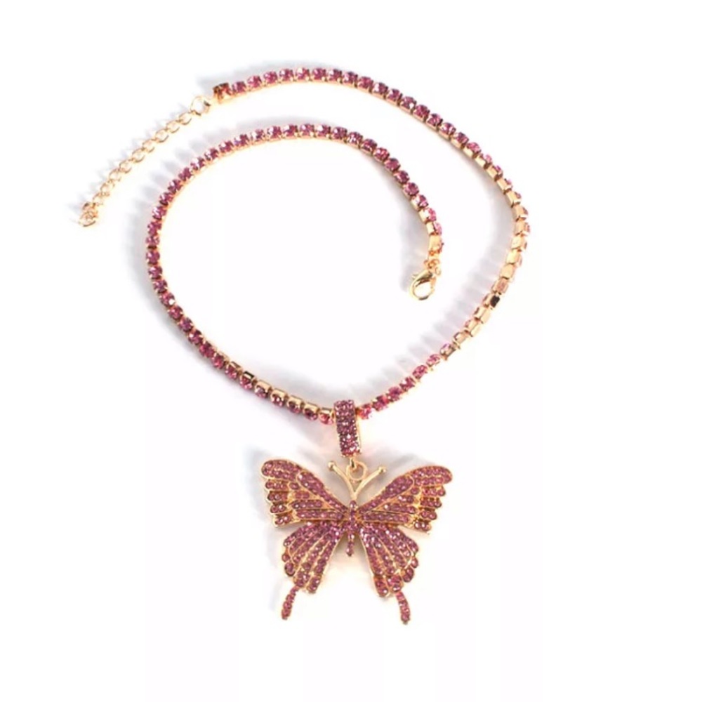 Hip Hop Rhinestone Pink Butterfly 🦋 Necklace - Picture 2 of 6